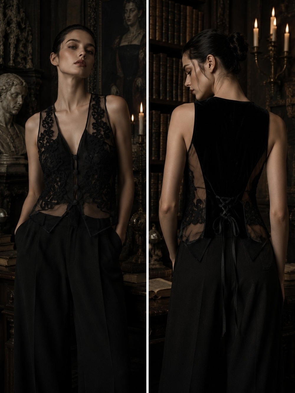 Dark Academia Gothic Avant Garde Sheer Embroidered Lace Velvet Vest M